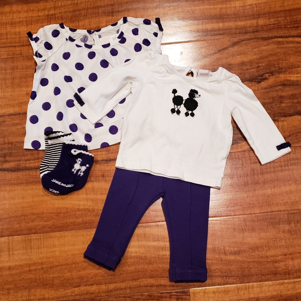 Janie and Jack NWT/EUC 3-6 months poodle tee, polka dot blouse, pants, socks
